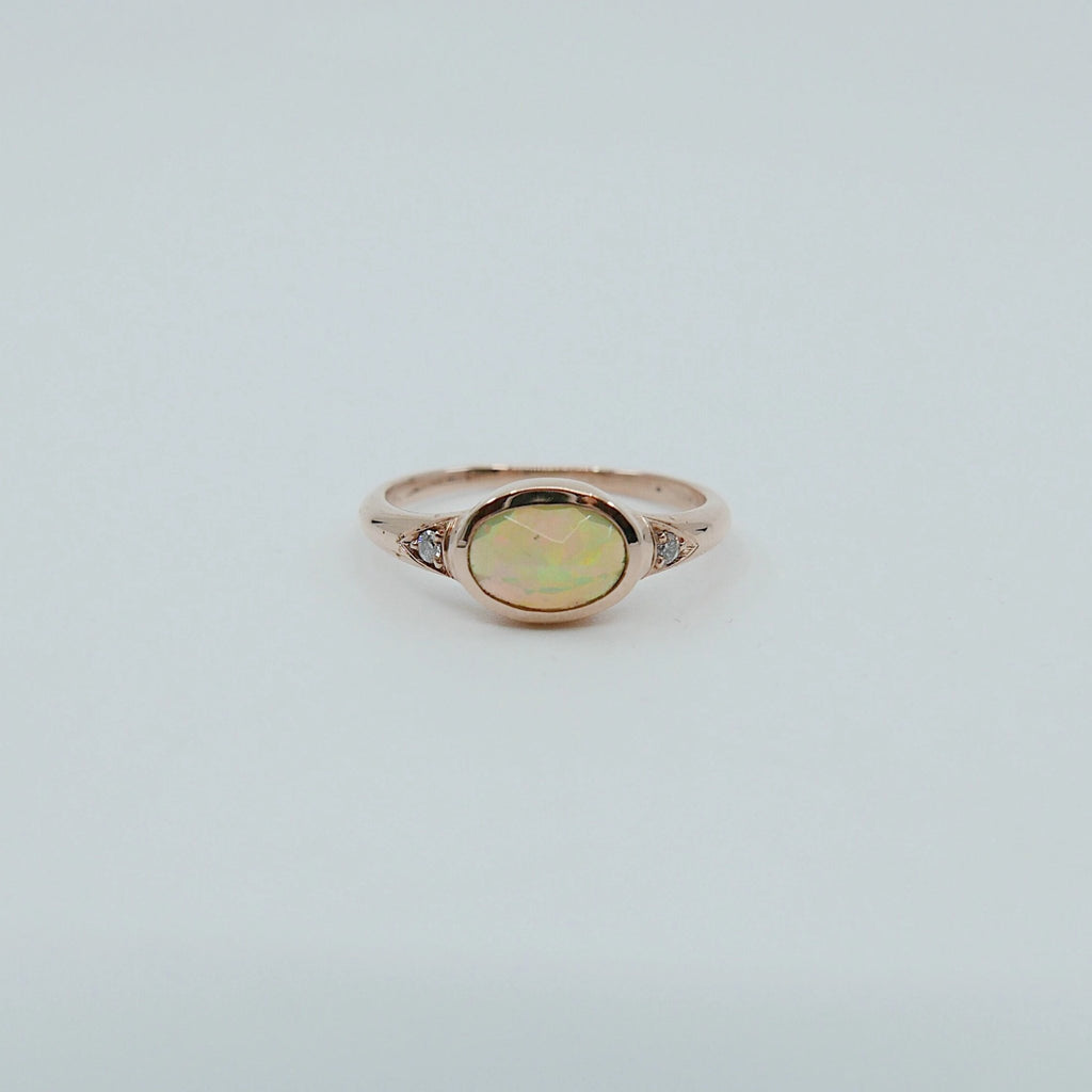 Opal Signet Ring, three stone opal ring, opal and diamond ring, 14k gold bold opal ring, oval opal ring, oval bezel opal ring