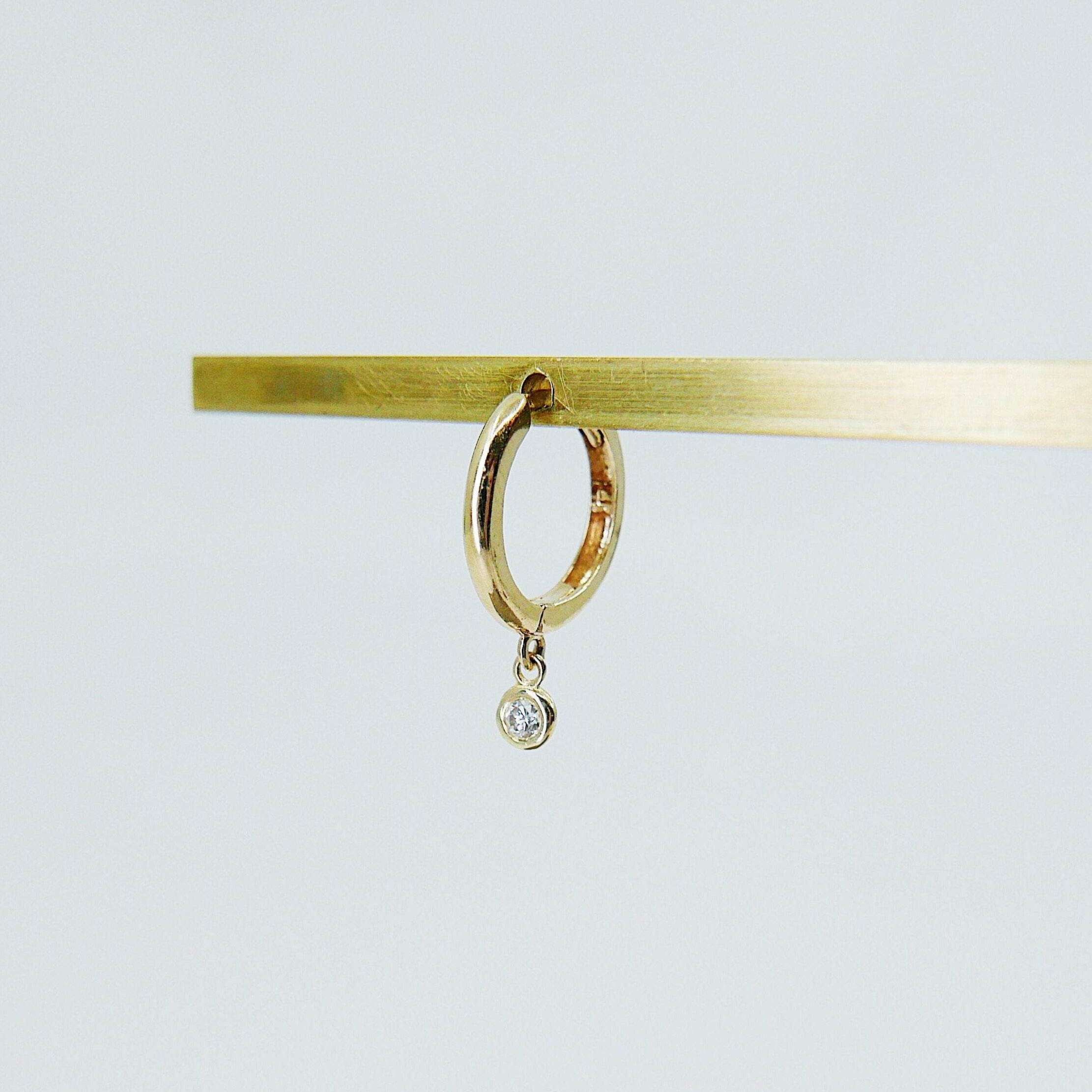 Medium Diamond Charm hoop, Medium 14k gold diamond hoop, Medium gold hoop, gold hoops, diamond hoop earrings, single bezel diamond hoop