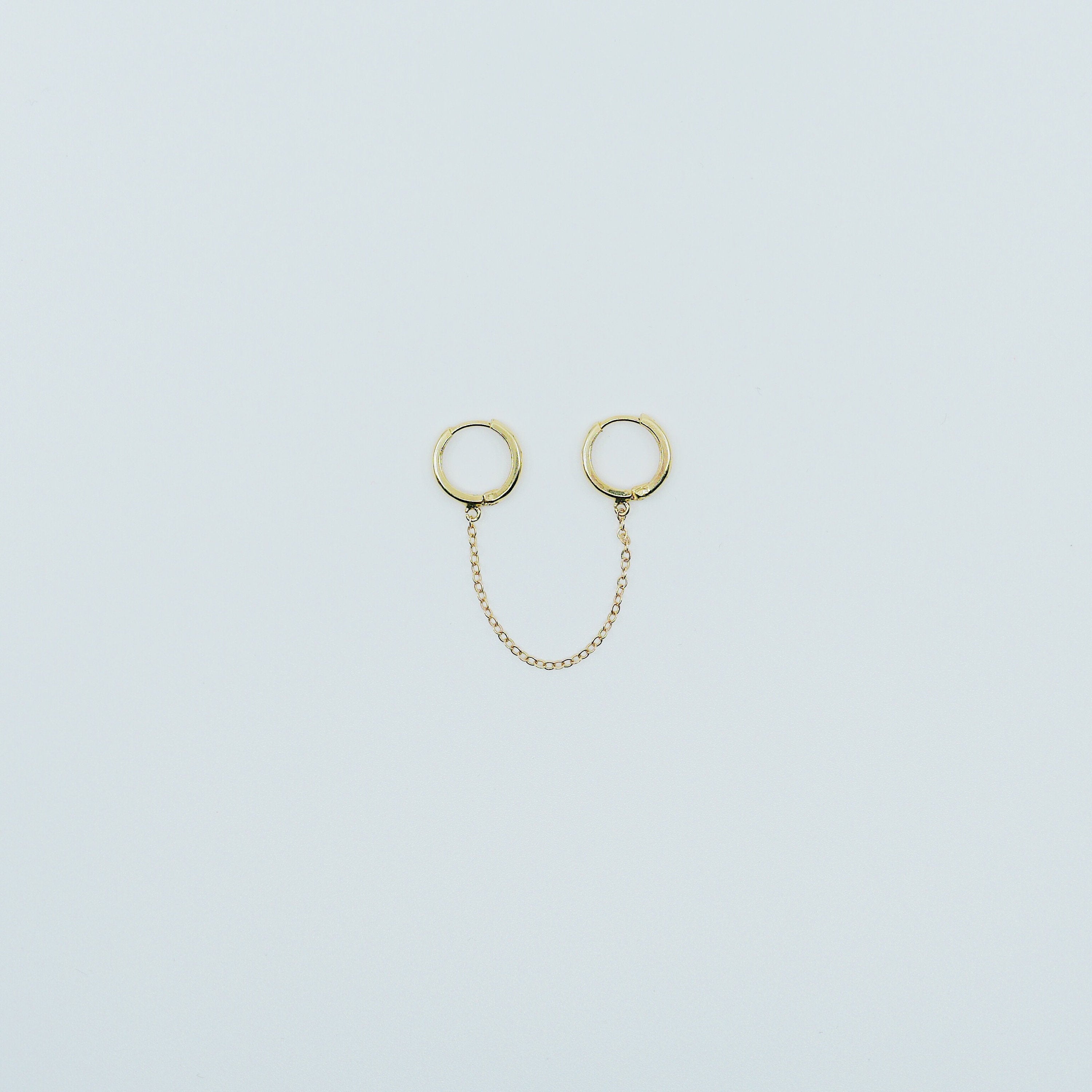 Chained Hoops, 14k gold small hoops, gold hoops with chain, small gold chained hoops, huggie hoops, double hoop single earring