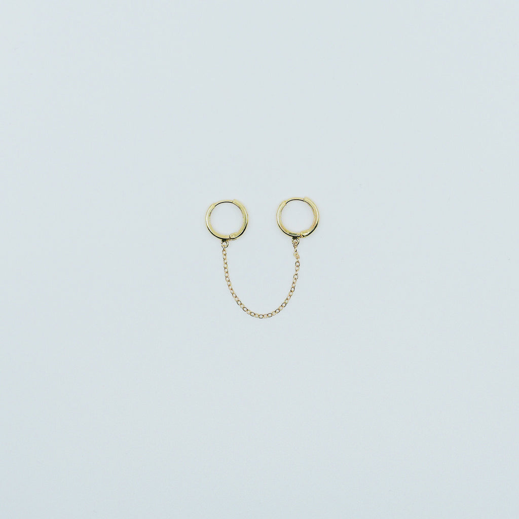 Chained Hoops, 14k gold small hoops, gold hoops with chain, small gold chained hoops, huggie hoops, double hoop single earring