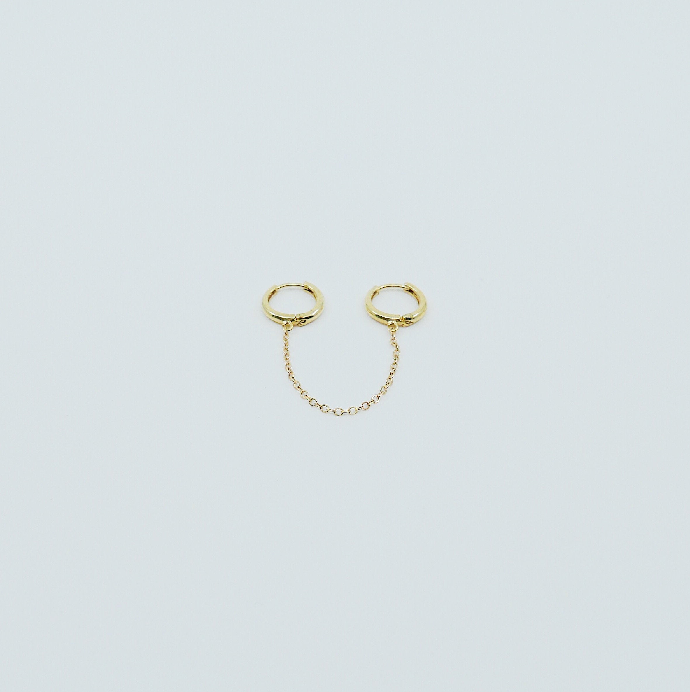 Chained Hoops, 14k gold small hoops, gold hoops with chain, small gold chained hoops, huggie hoops, double hoop single earring