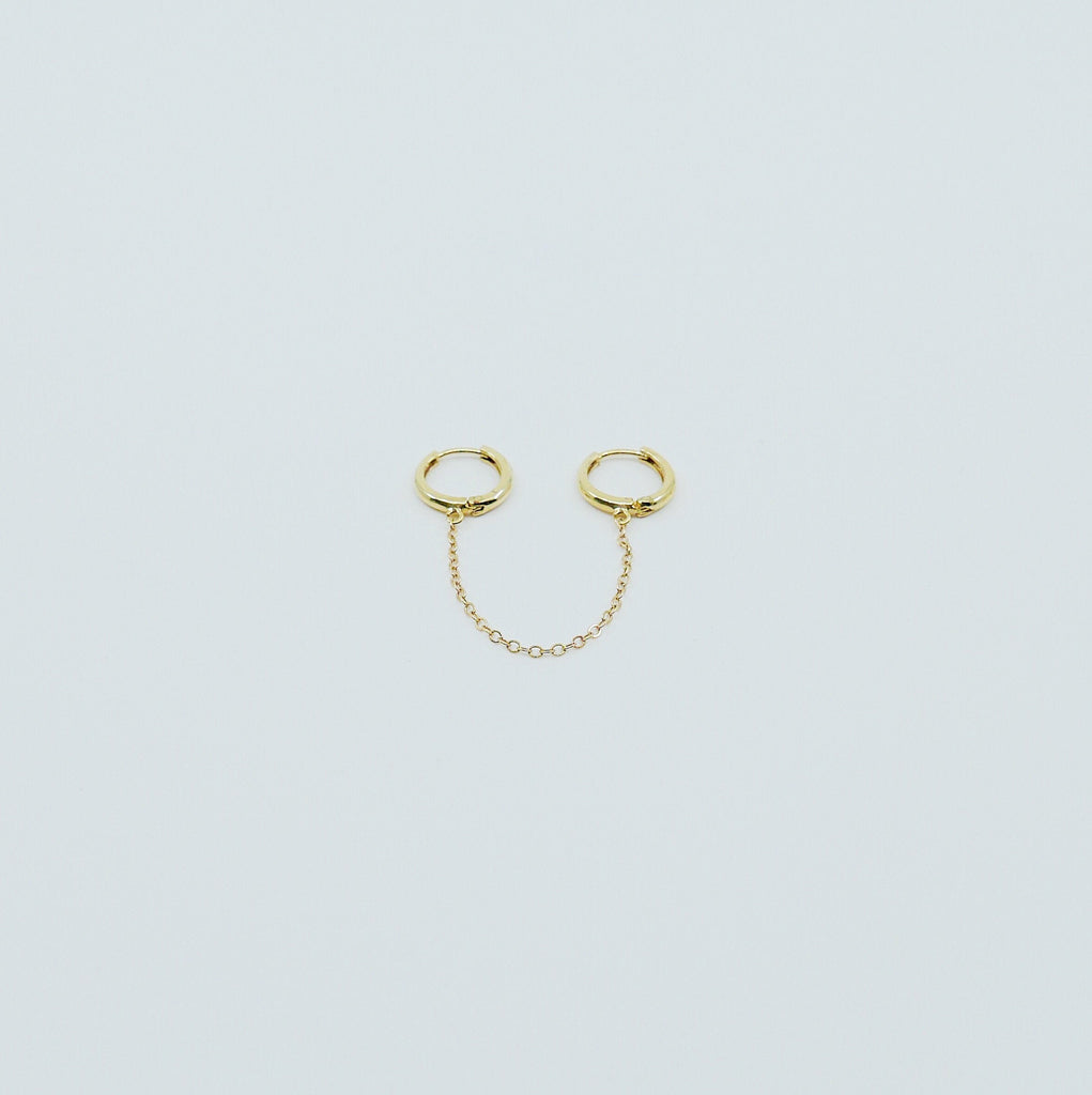 Chained Hoops, 14k gold small hoops, gold hoops with chain, small gold chained hoops, huggie hoops, double hoop single earring