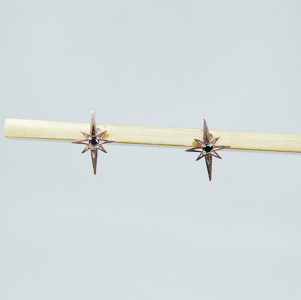 Polaris Earrings, 14k rose gold earrings, 14k Five Point star earrings, Starburst Earrings, Black Diamond Star Earrings, Diamond Starburst