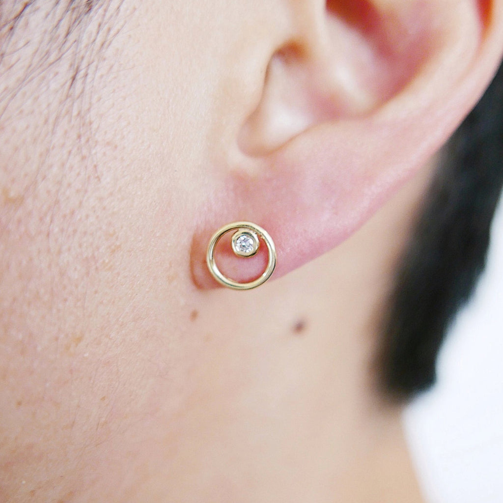 Full circle earrings, circle studs, diamond bezel studs, 14k circle diamond earrings, gold circle earrings, diamond bezel earrings