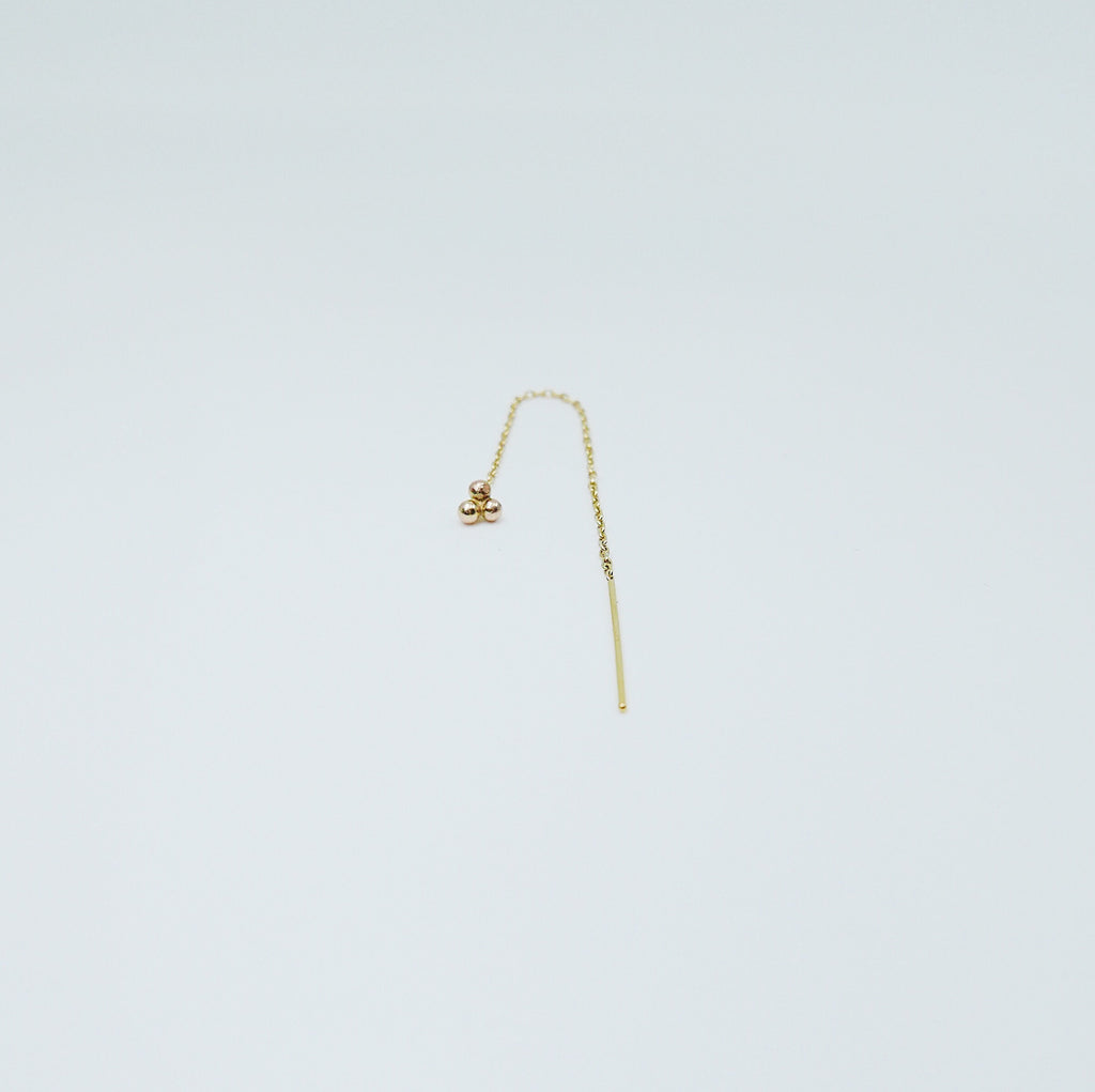 Three dot threader earring, 14k ball threader, 14k threader stud, gold three ball pull through earring, pull through earring single