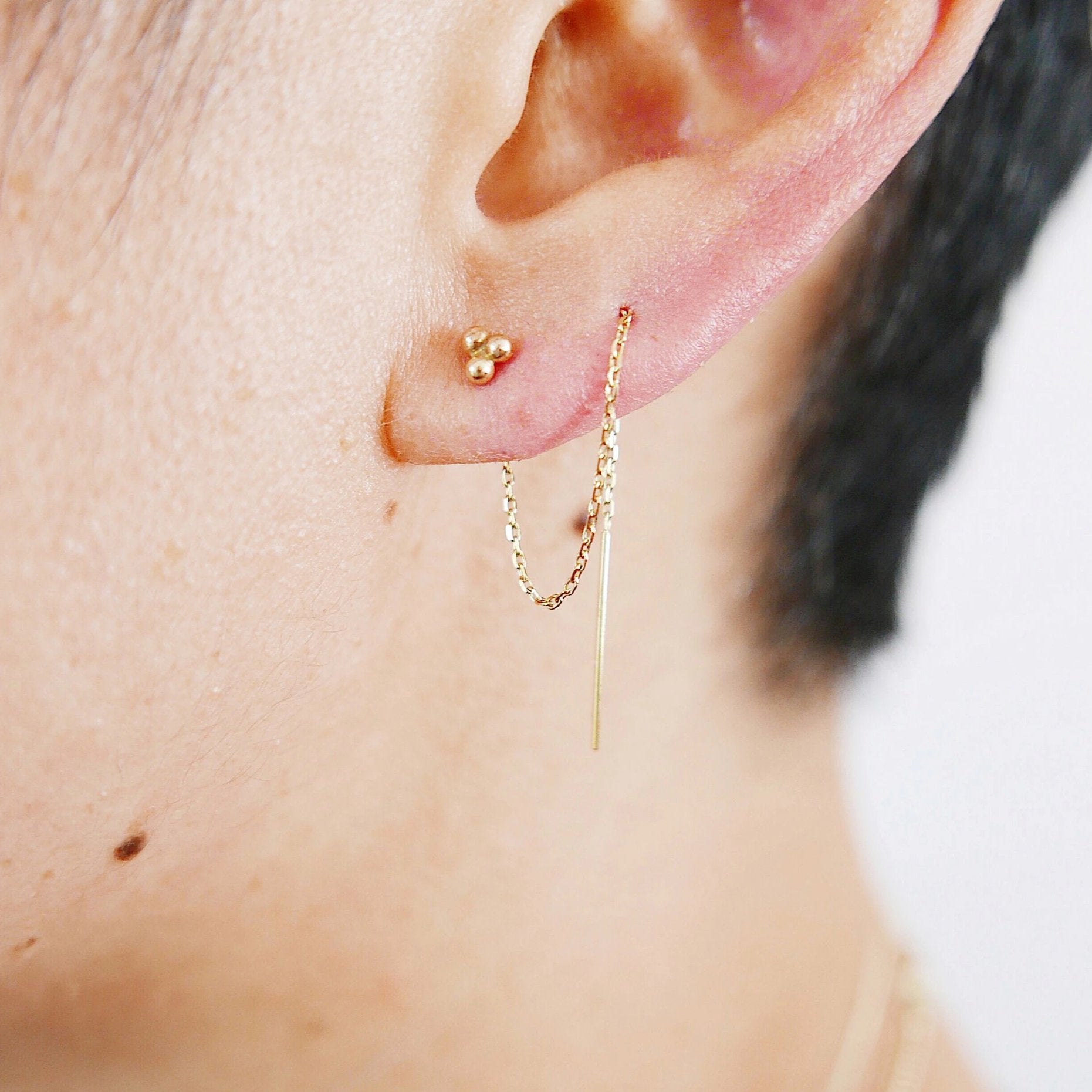 Three dot threader earring, 14k ball threader, 14k threader stud, gold three ball pull through earring, pull through earring single