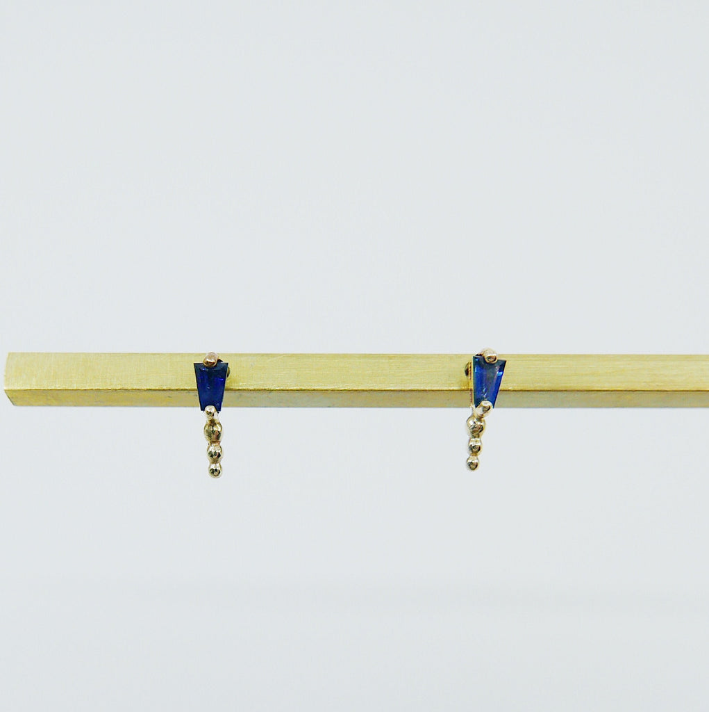 Ellipsis Tapered Baguette Stud, Baguette stud, Blue Sapphire Baguette Stud, 14k gold tapered stud, Triple Ball Stud