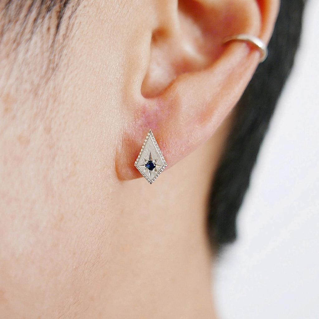Modern diamond shape earring, Sterling silver Kite earring with sapphire, kite earring, geometric stud