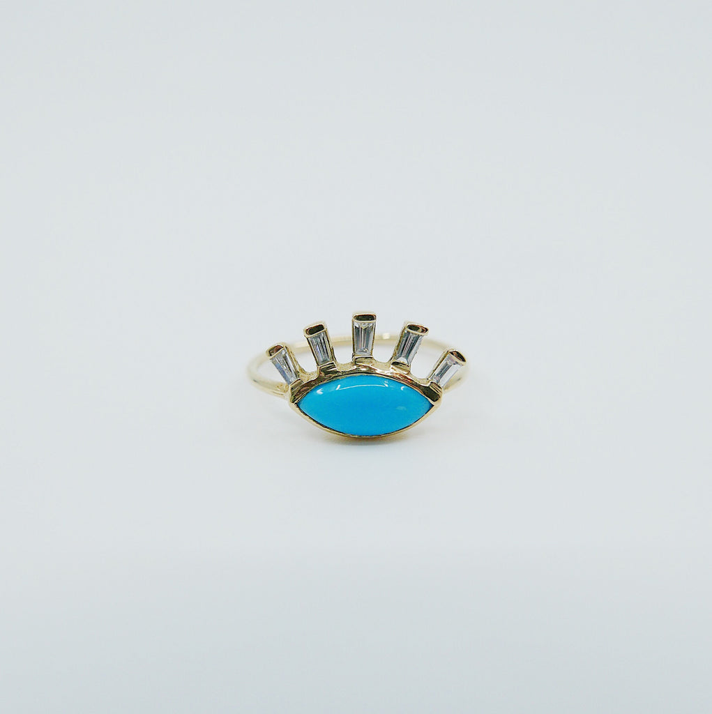 Turquoise eye ring, gold eye ring, third eye ring, Turquoise and diamond baguette ring, eye of horus ring, evil eye ring