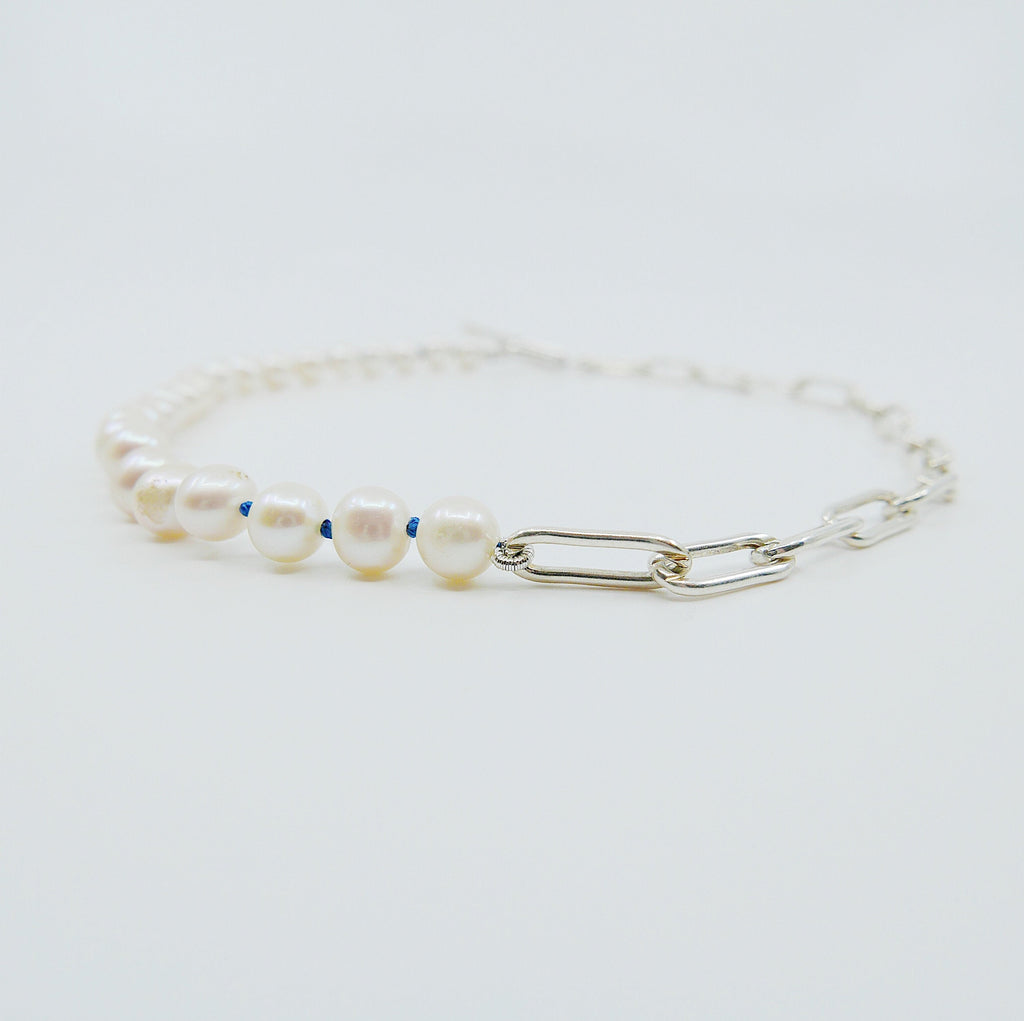 Split personality choker, pearl and chain Toggle Choker, Elongated silver oval link choker, heavy chain choker, pearl choker,