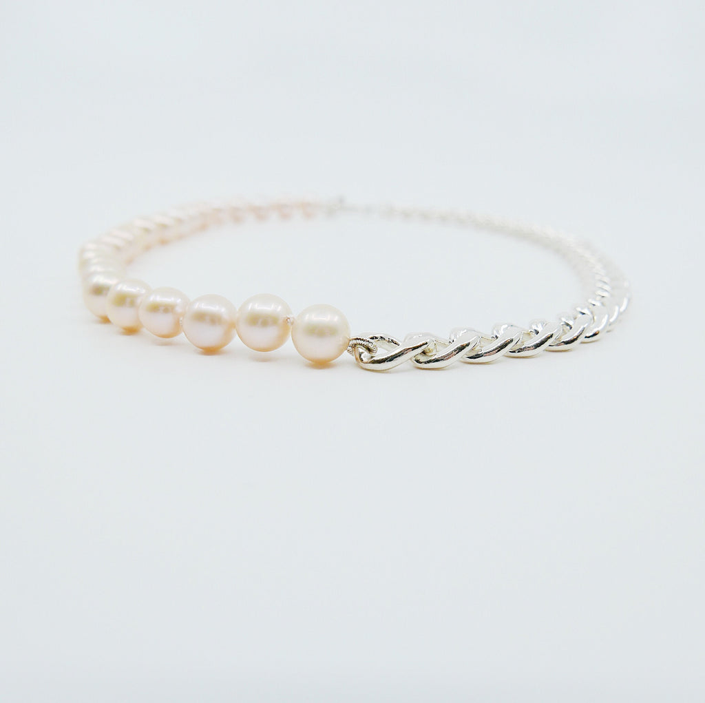 Split personality curb chain choker, pearl and chain Toggle Choker, sterling silver curb chain and pearl choker, heavy chain choker