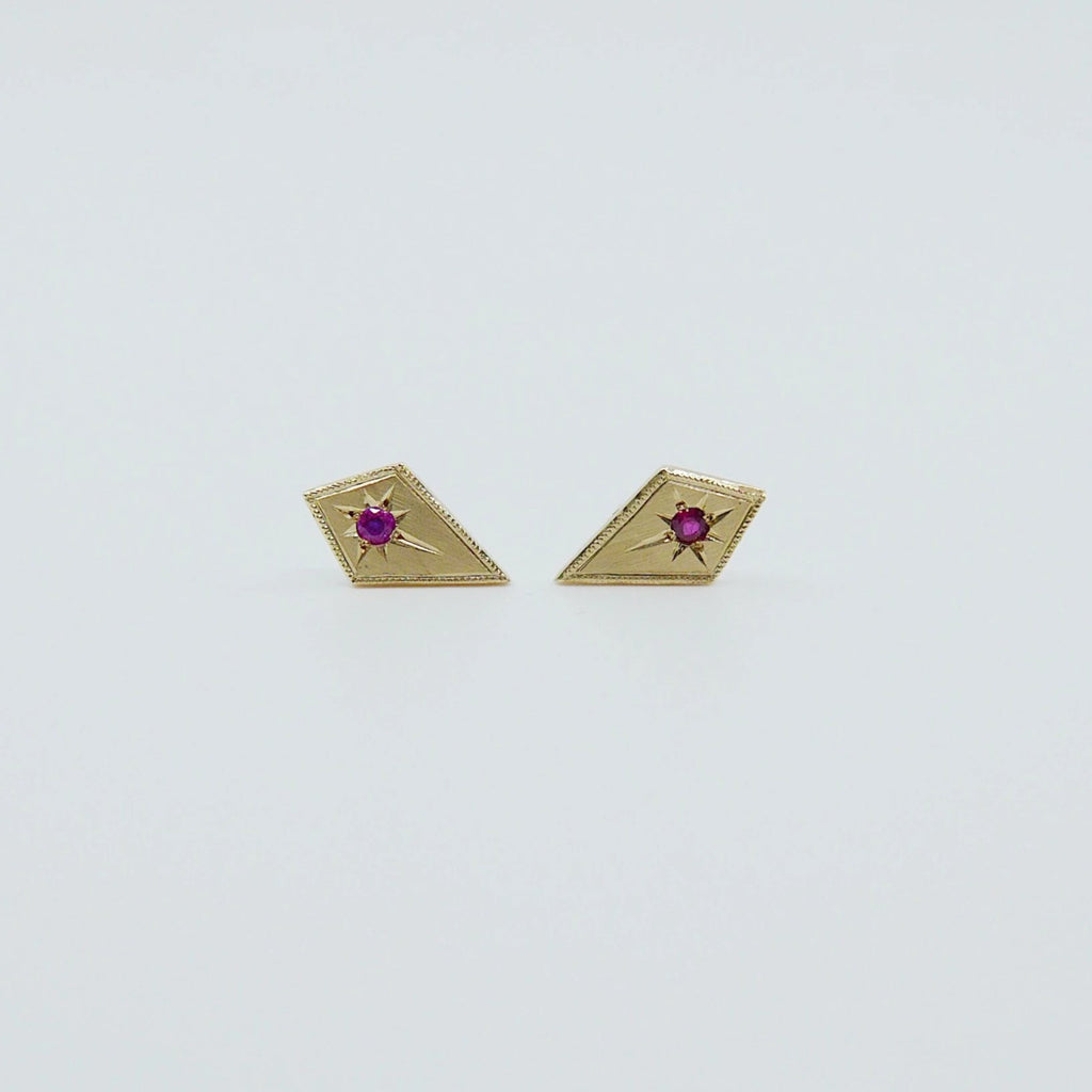 14k Diamond shape earrings, Modern kite earrings with Ruby, kite earrings, gold and ruby diamond earrings, ruby earrings, diamond shaped
