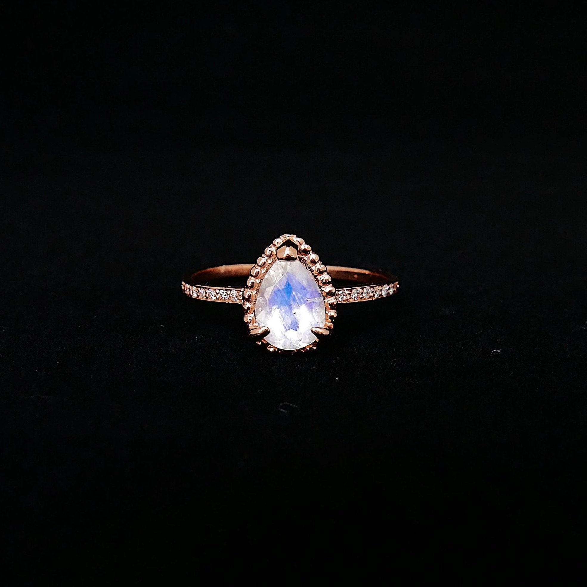 Ava Diamond moonstone ring, rainbow Moonstone halo ring, gold solitaire ring, pear moonstone ring, 14k gold moonstone prong engagement ring