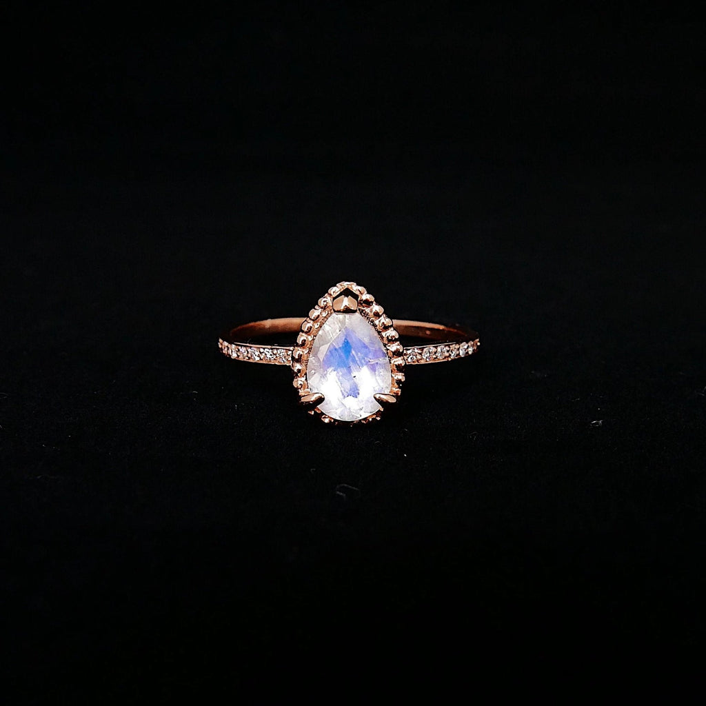 Ava Diamond moonstone ring, rainbow Moonstone halo ring, gold solitaire ring, pear moonstone ring, 14k gold moonstone prong engagement ring