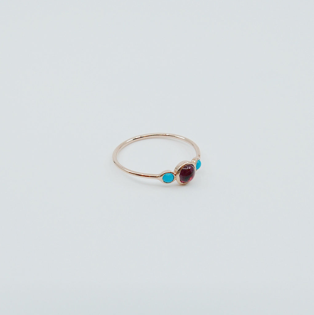 3 Stone Rhodolite Garnet & Turquoise Ring, three stone ring, garnet ring, turquoise ring, 14k gold garnet ring, 14k gold turquoise ring