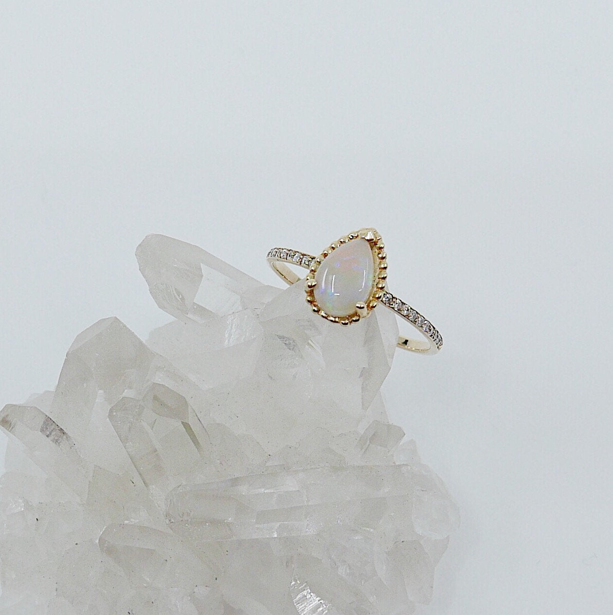 Ava Diamond Opal Ring, rainbow Opal halo ring, gold solitaire ring, pear opal ring, 14k gold opal prong engagement ring, opal halo ring
