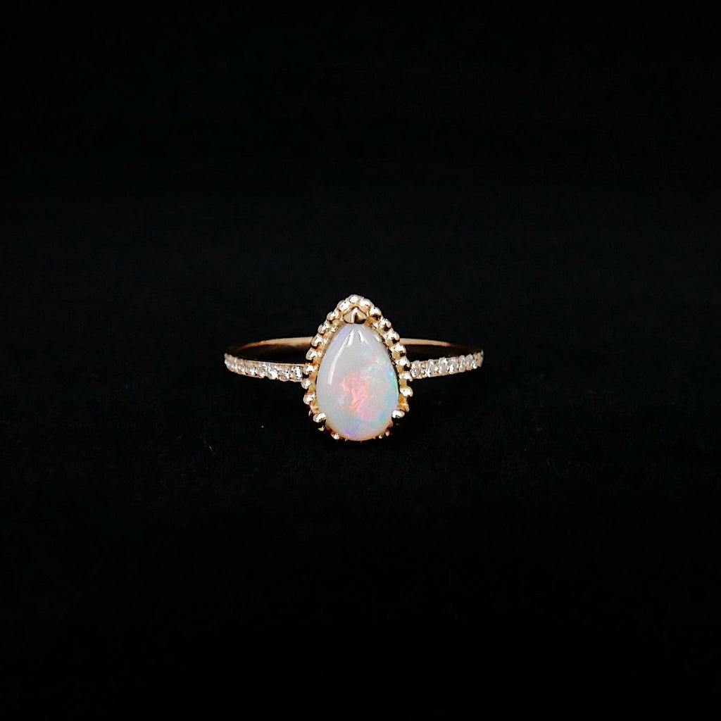 Ava Diamond Opal Ring, rainbow Opal halo ring, gold solitaire ring, pear opal ring, 14k gold opal prong engagement ring, opal halo ring