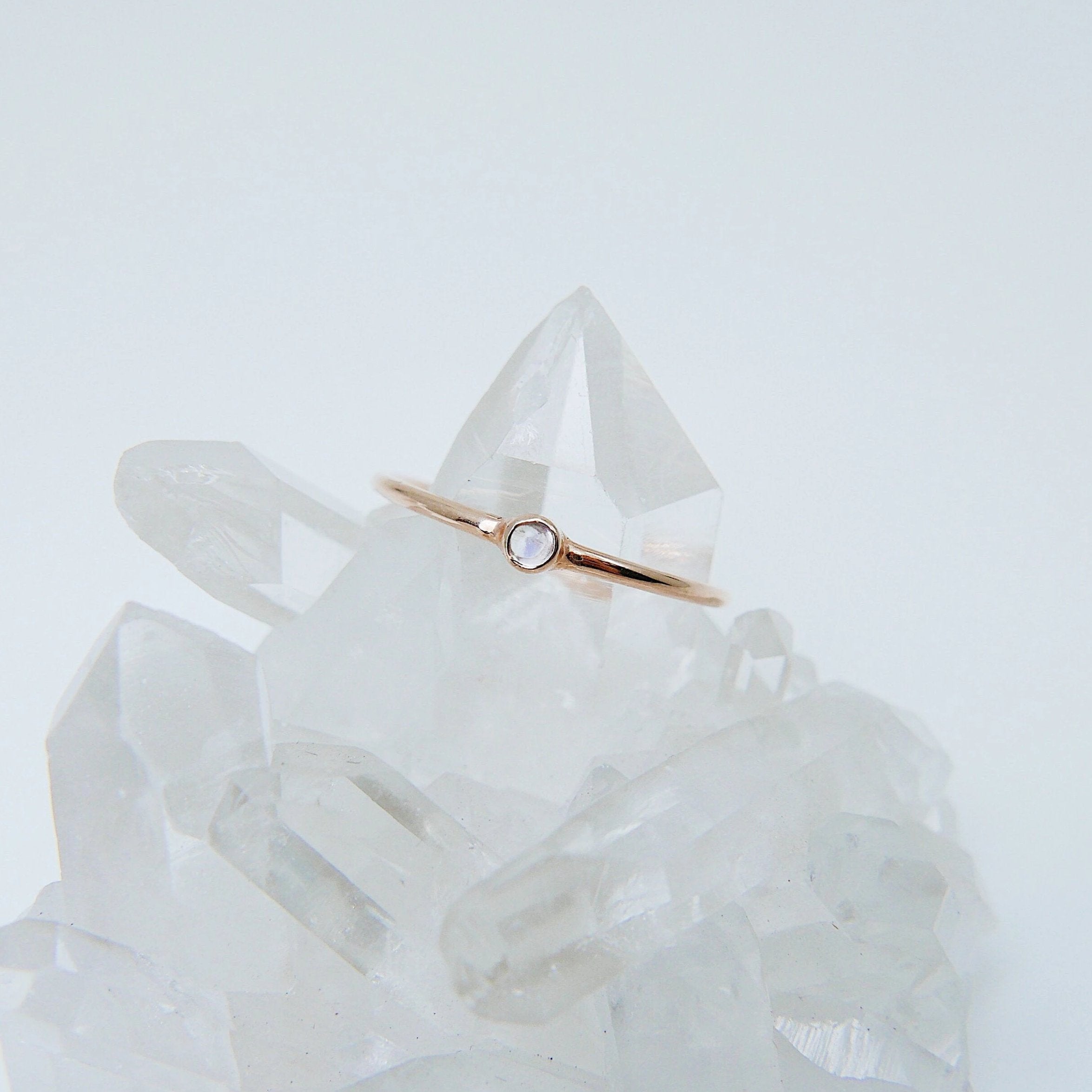 Mini moonstone ring, moonstone solitaire ring, 14k moonstone stackable ring, small round moonstone ring, mini moonstone bezel ring