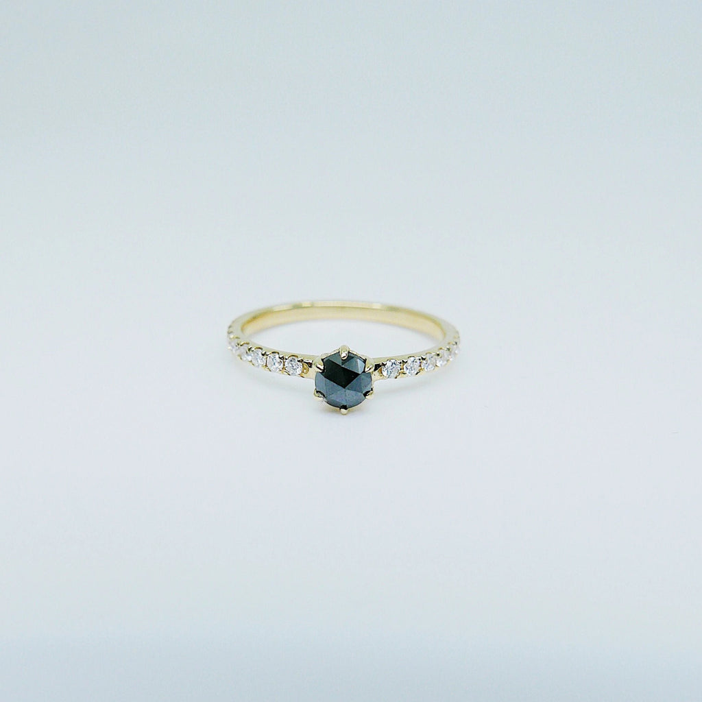 Rose Cut Black Diamond Ring, alternative wedding ring, unique non traditional engagement ring, 14k stacking ring, black & white diamonds