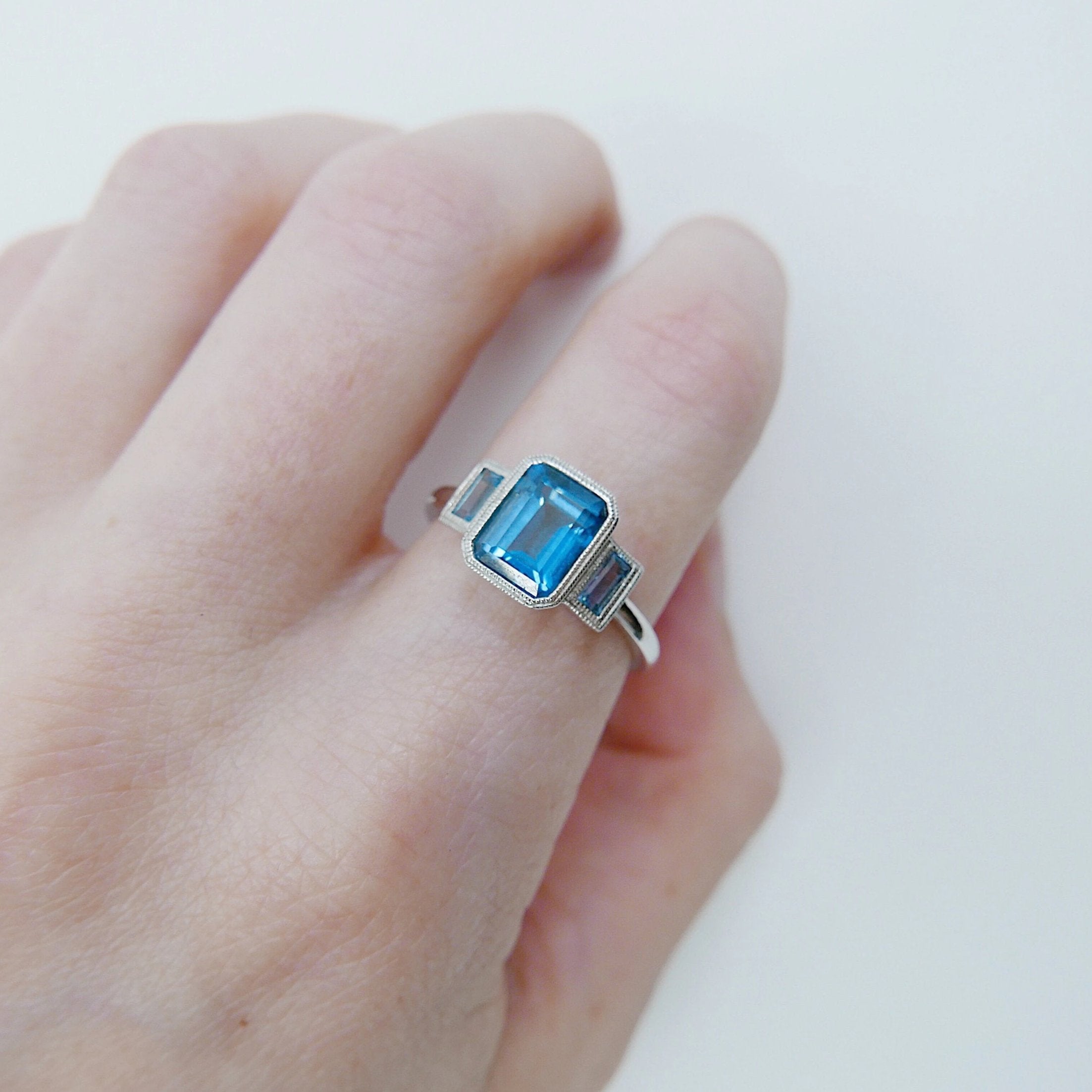 Charlotte Three Stone Ring, emerald cut ring, london blue topaz ring, blue stone wedding ring, classic engagement ring, aquamarine ring