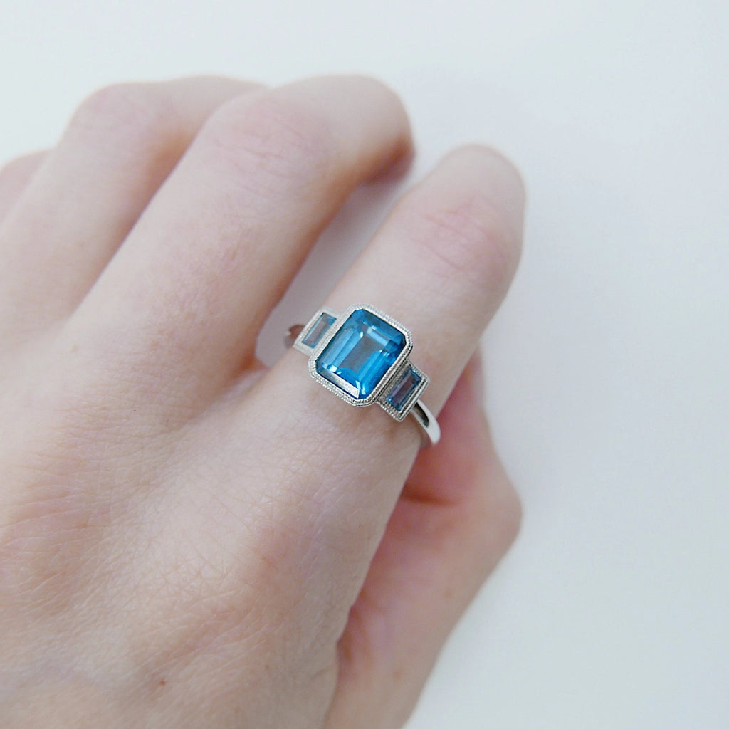 Charlotte Three Stone Ring, emerald cut ring, london blue topaz ring, blue stone wedding ring, classic engagement ring, aquamarine ring