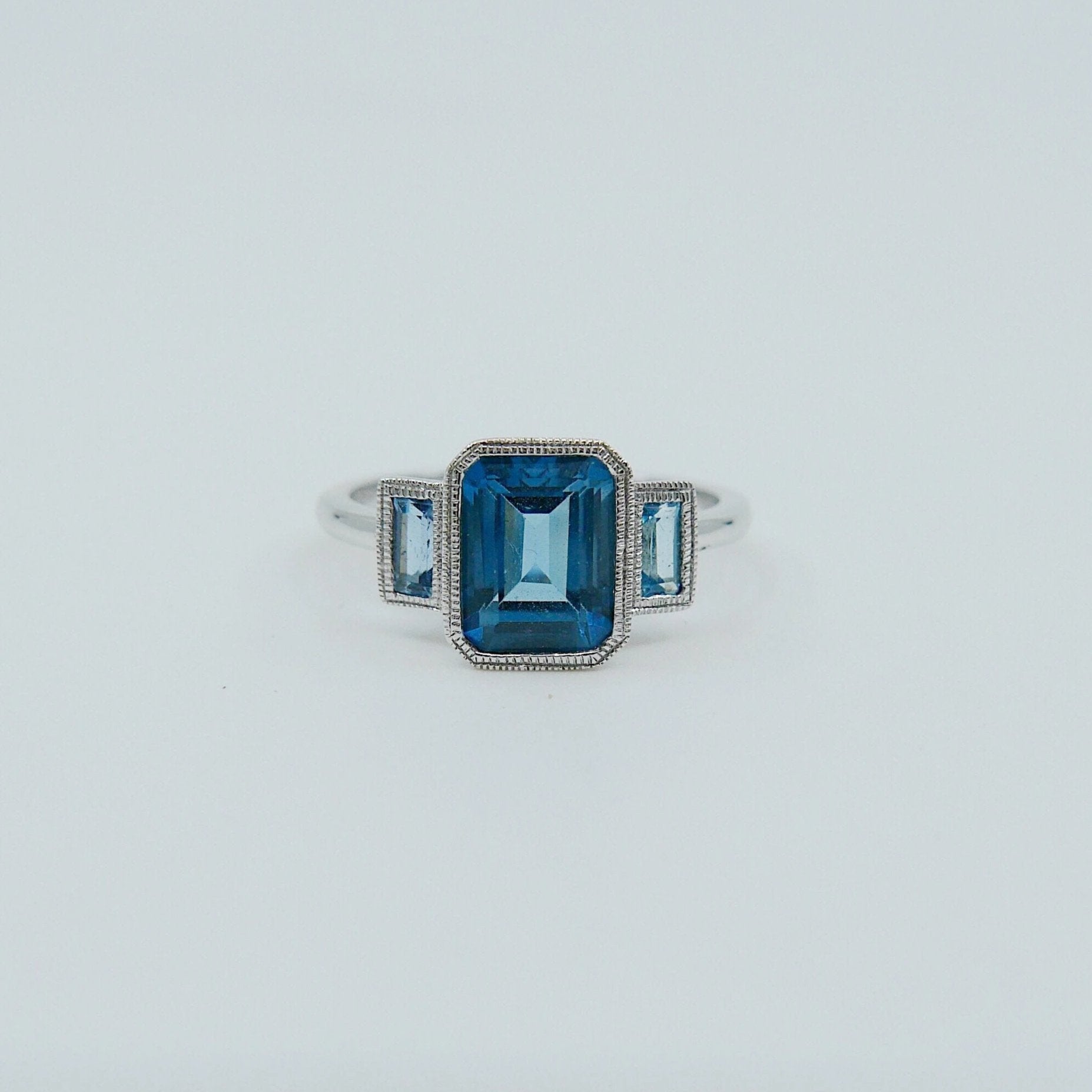 Charlotte Three Stone Ring, emerald cut ring, london blue topaz ring, blue stone wedding ring, classic engagement ring, aquamarine ring