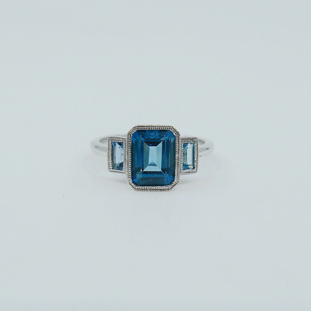 Charlotte Three Stone Ring, emerald cut ring, london blue topaz ring, blue stone wedding ring, classic engagement ring, aquamarine ring