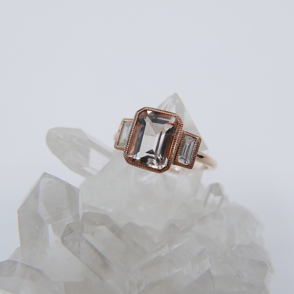 Charlotte Three Stone Ring, Morganite emerald cut ring, Morganite and diamond ring, Pink beryl stone wedding ring, classic engagement ring