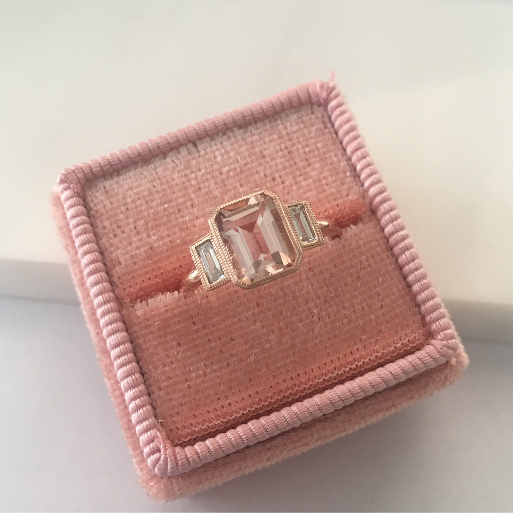 Charlotte Three Stone Ring, Morganite emerald cut ring, Morganite and diamond ring, Pink beryl stone wedding ring, classic engagement ring