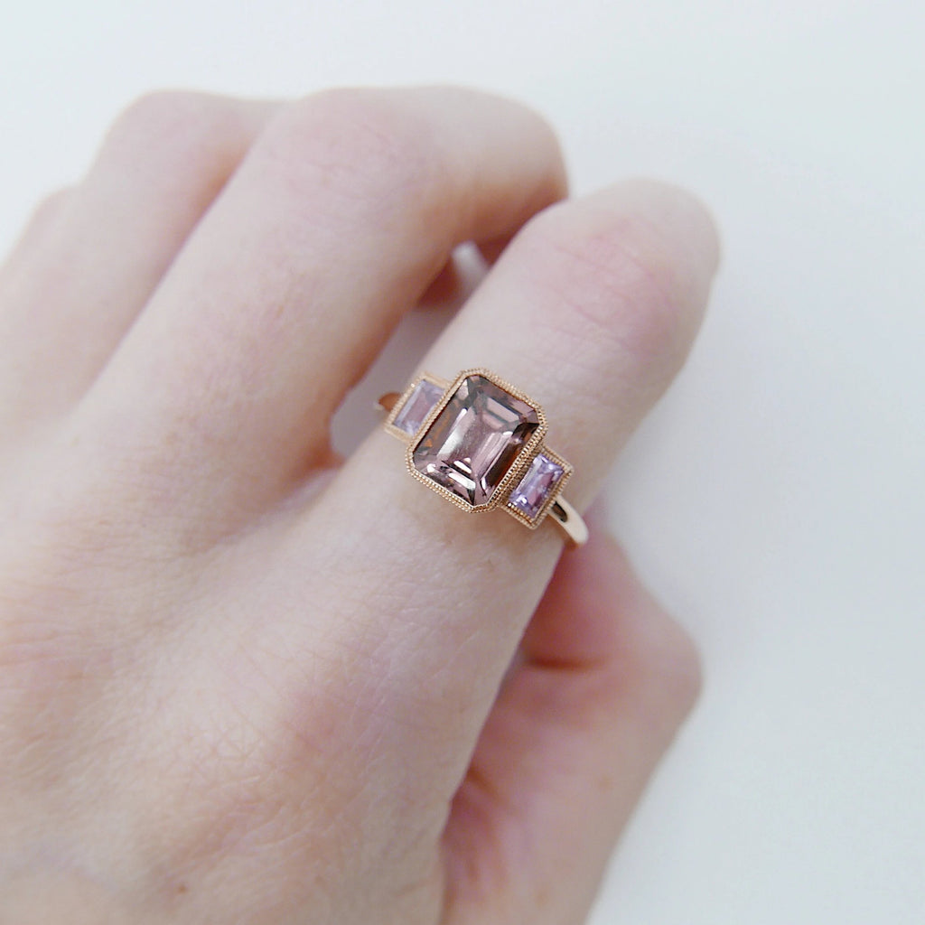 Charlotte Three Stone Ring, bi-color tourmaline emerald cut ring, tourmaline ring, pink sapphire wedding ring, classic engagement ring