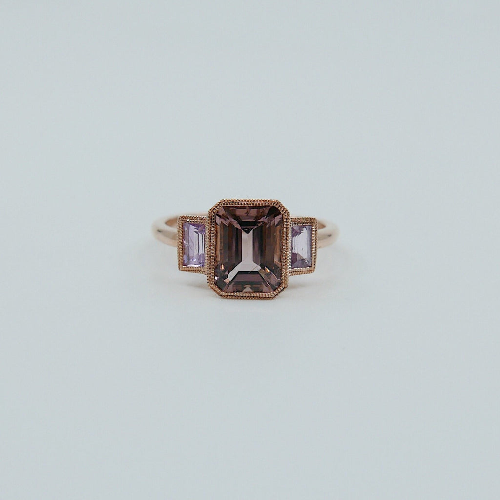Charlotte Three Stone Ring, bi-color tourmaline emerald cut ring, tourmaline ring, pink sapphire wedding ring, classic engagement ring