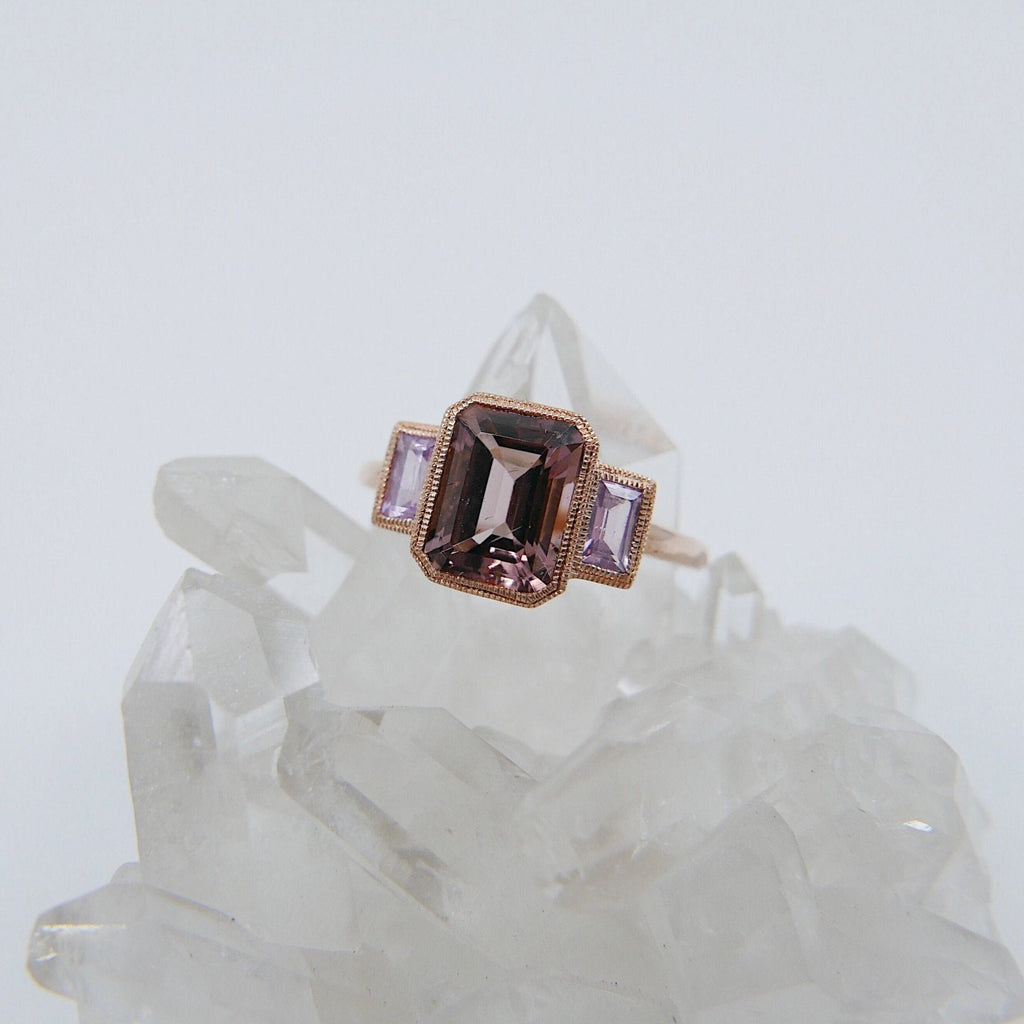 Charlotte Three Stone Ring, bi-color tourmaline emerald cut ring, tourmaline ring, pink sapphire wedding ring, classic engagement ring