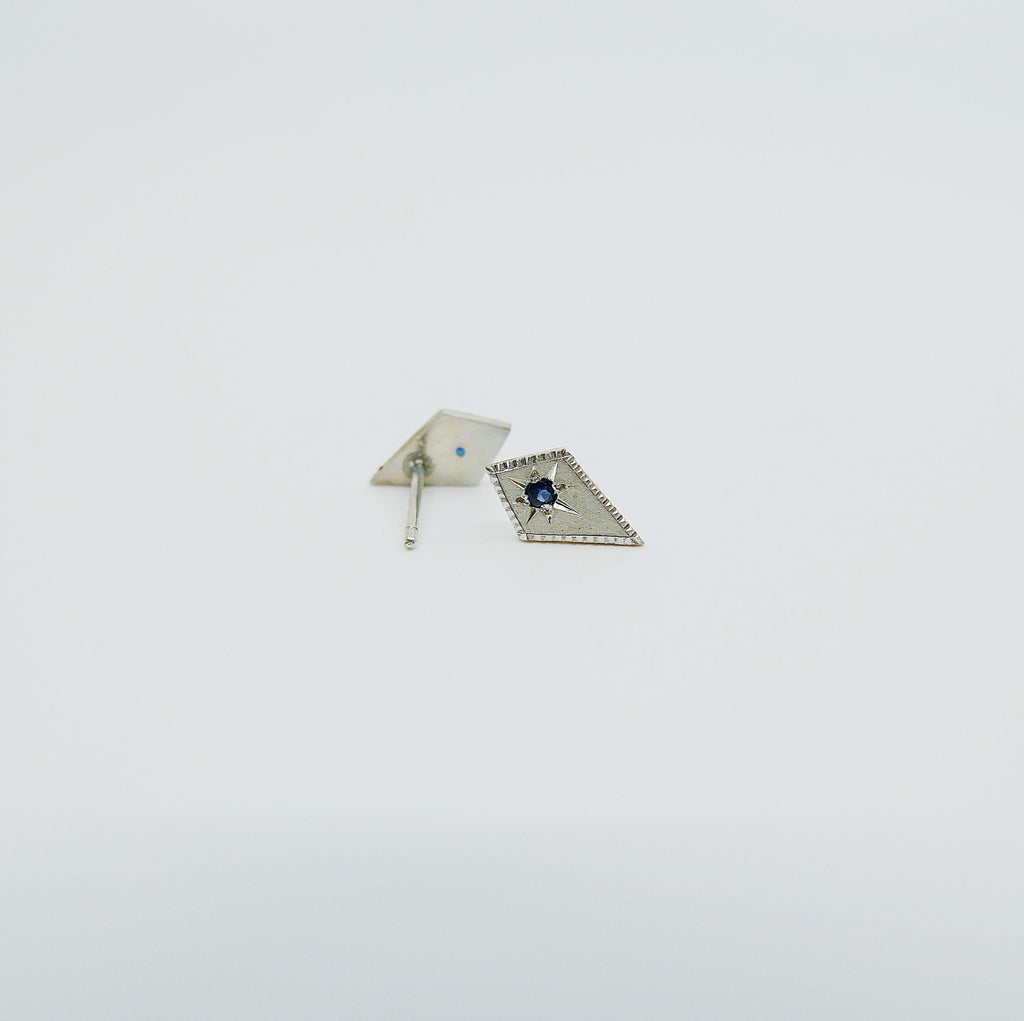 Modern diamond shape earring, Sterling silver Kite earring with sapphire, kite earring, geometric stud