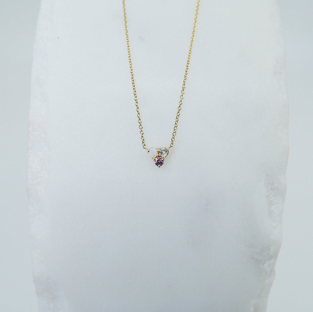 Trinity charm necklace, small 14k gold opal necklace, small gold necklace, Aquamarine necklace, Pink sapphire necklace