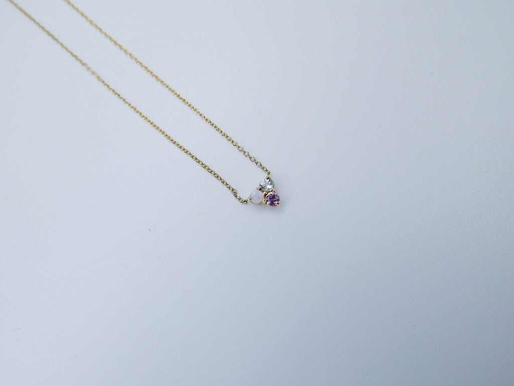 Trinity charm necklace, small 14k gold opal necklace, small gold necklace, Aquamarine necklace, Pink sapphire necklace