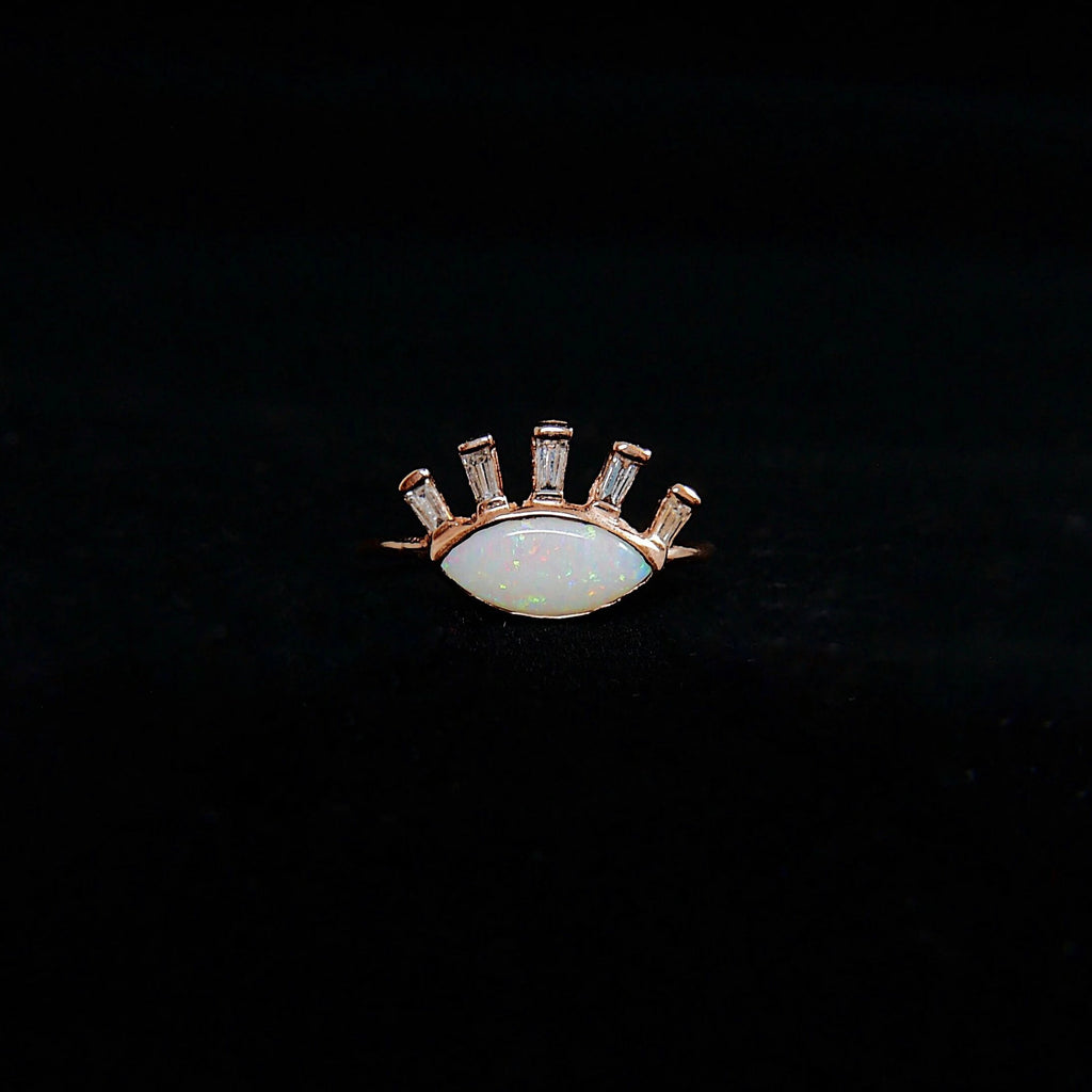 Opal eye ring, gold eye ring, third eye ring, opal and diamond baguette ring, eye of horus ring, evil eye ring