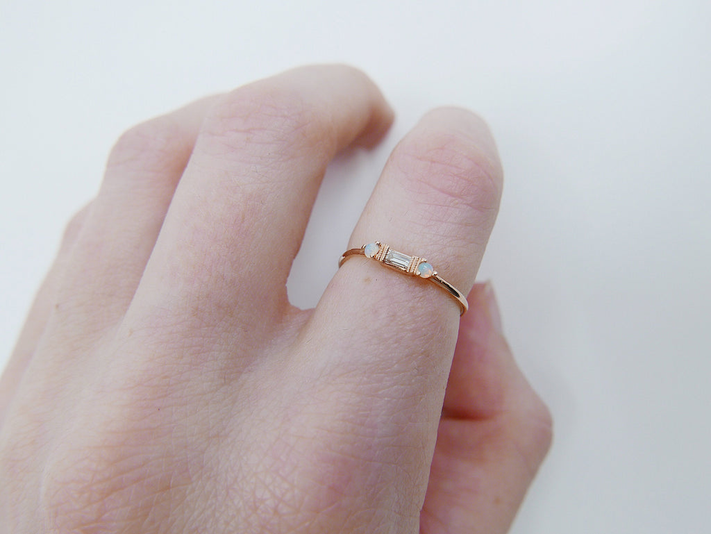 Grand Baguette Diamond with Opal ring, 14k Stacking diamond baguette ring, Three stone ring, diamond and opal stacking ring