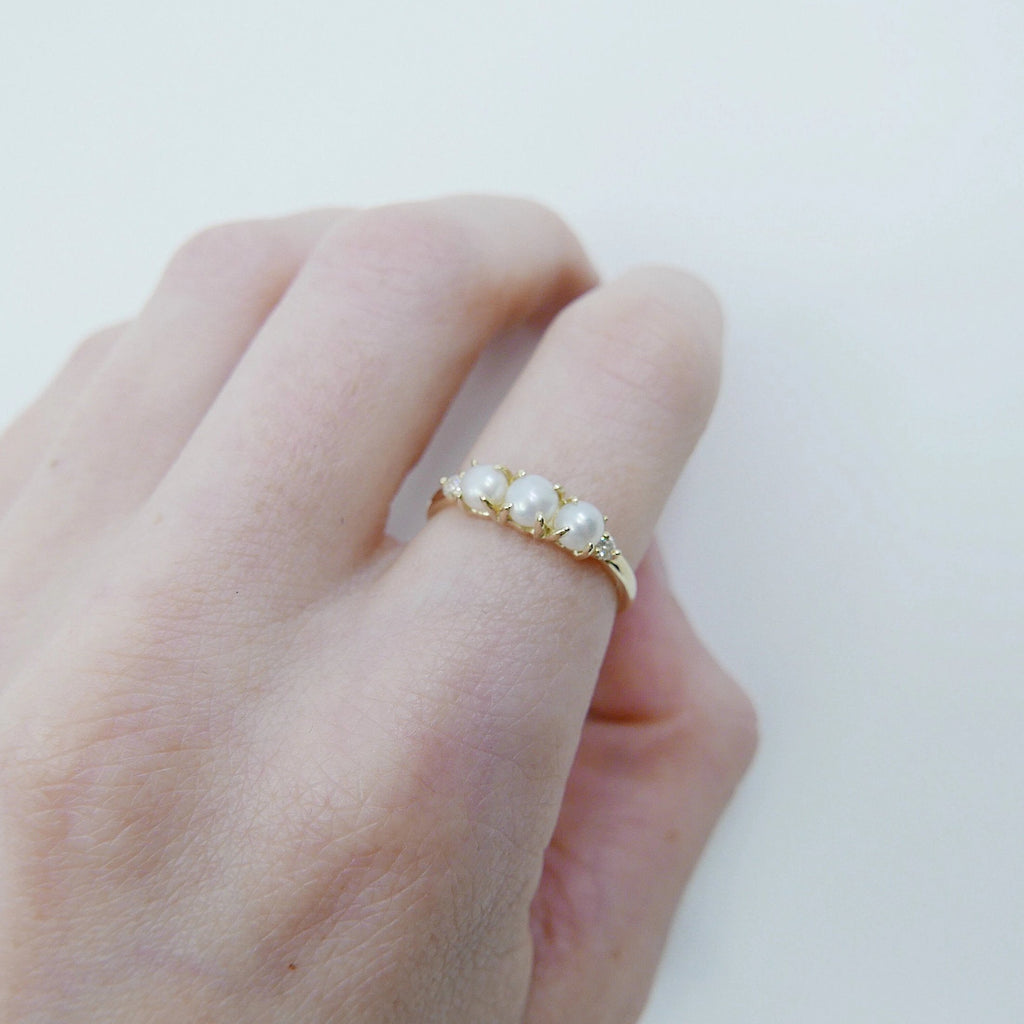 Hailey Pearl Five Stone Ring, 5 stone band, Pearl and Diamond ring, 14k gold stone ring, five stone ring, pearl ring, diamond ring