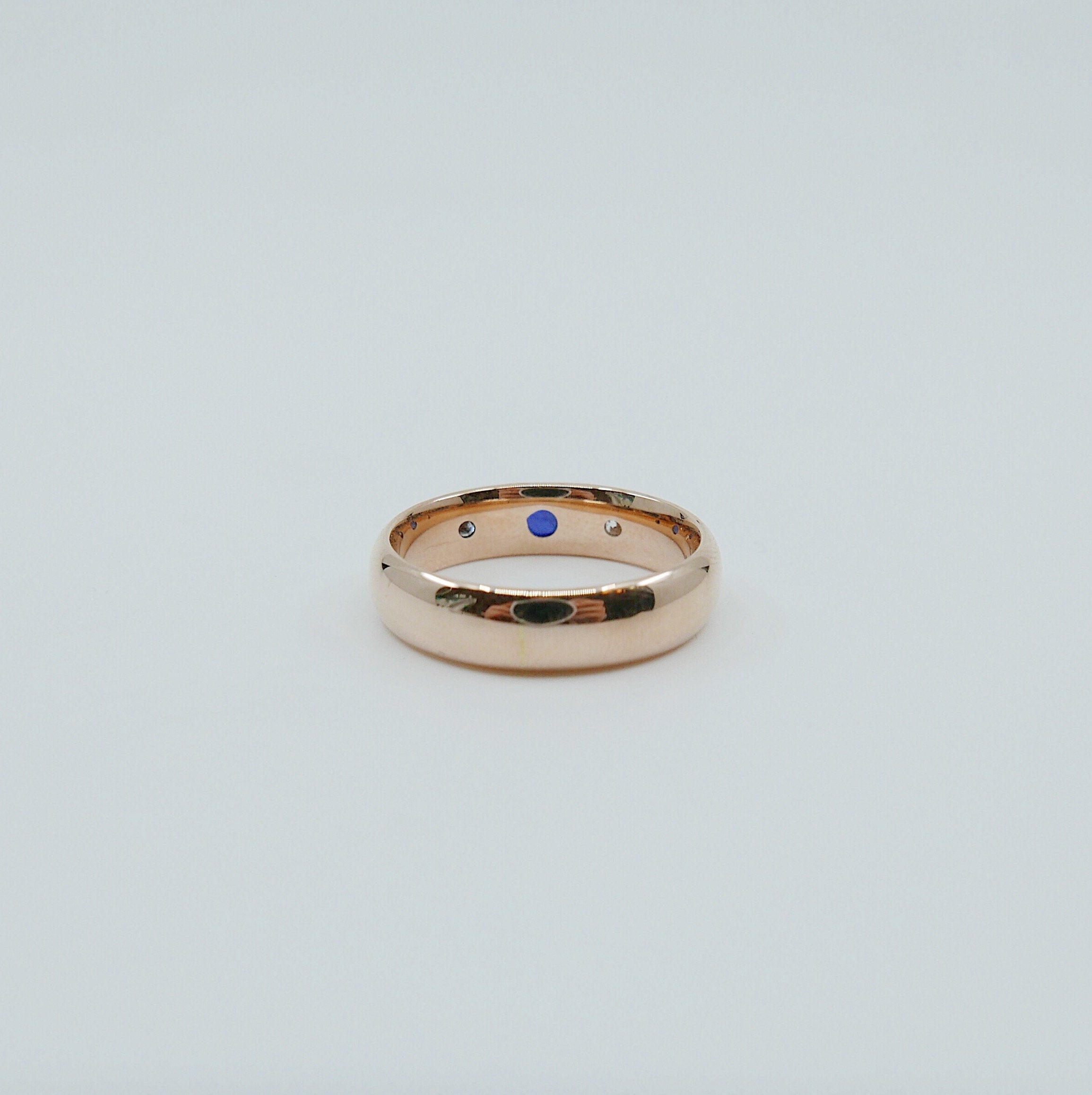 Indira Band, Blue Sapphire diamond band, thick gold band, Blue Sapphire cabochon wedding band, 3 stone band, sapphire and diamond gypsy ring