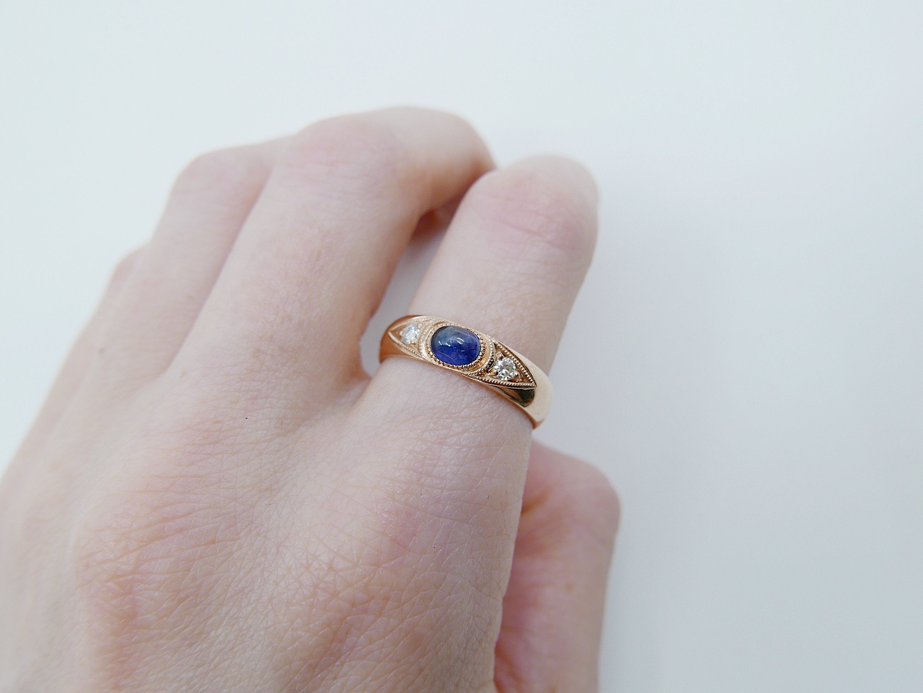 Indira Band, Blue Sapphire diamond band, thick gold band, Blue Sapphire cabochon wedding band, 3 stone band, sapphire and diamond gypsy ring