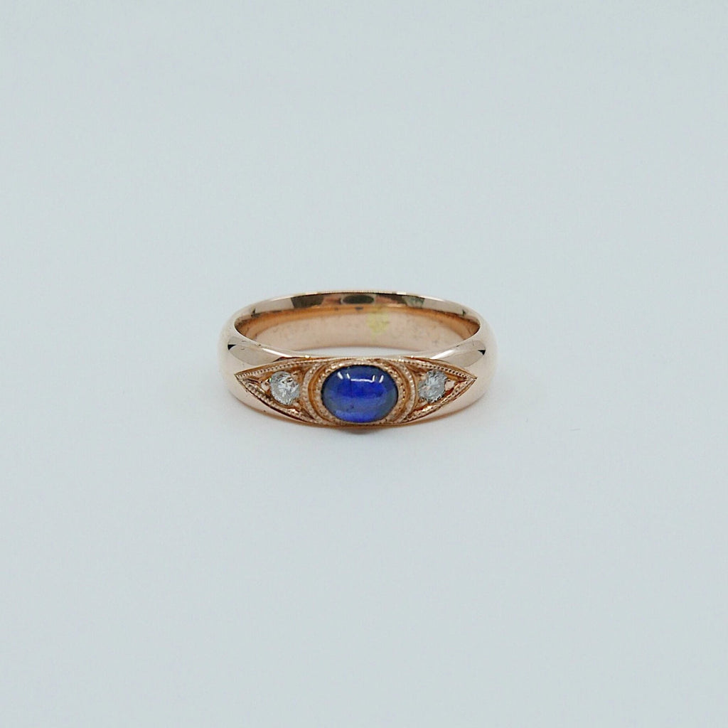 Indira Band, Blue Sapphire diamond band, thick gold band, Blue Sapphire cabochon wedding band, 3 stone band, sapphire and diamond gypsy ring