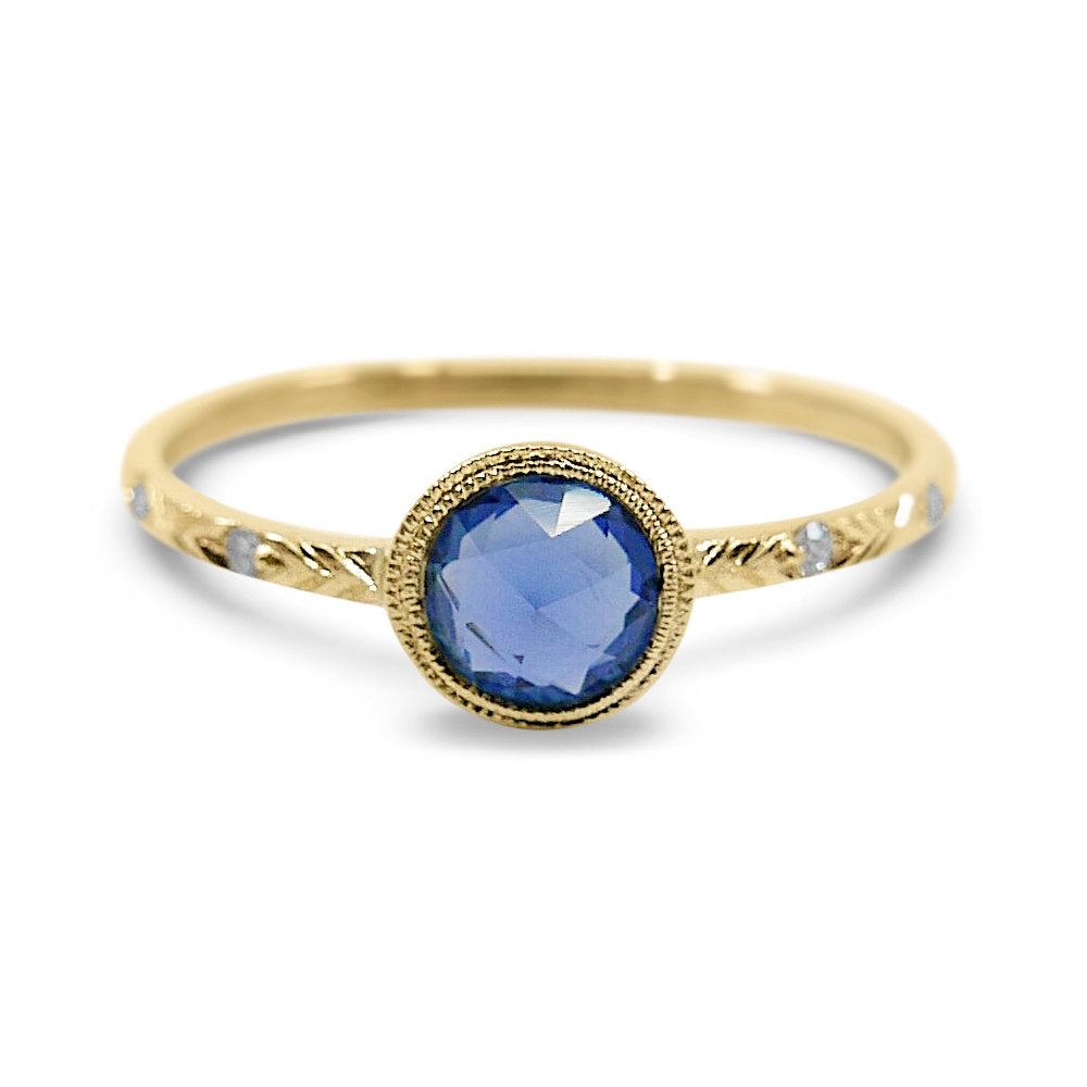 Juliette engraved diamond band rose cut blue sapphire ring, gold solitaire ring, bezel stone ring, 14k gold sapphire ring, gold diamond band
