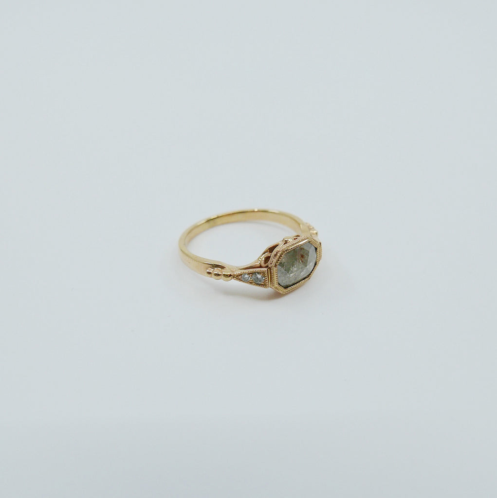 Ophelia Rustic gray diamond ring one of a kind engagement ring, emerald cut rough gray diamond ring, art deco ring with diamonds