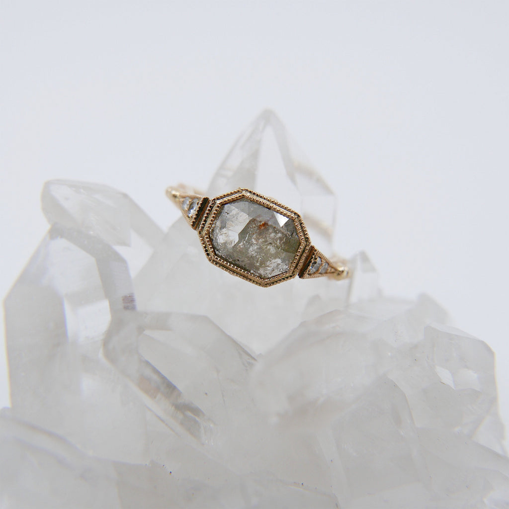Ophelia Rustic gray diamond ring one of a kind engagement ring, emerald cut rough gray diamond ring, art deco ring with diamonds