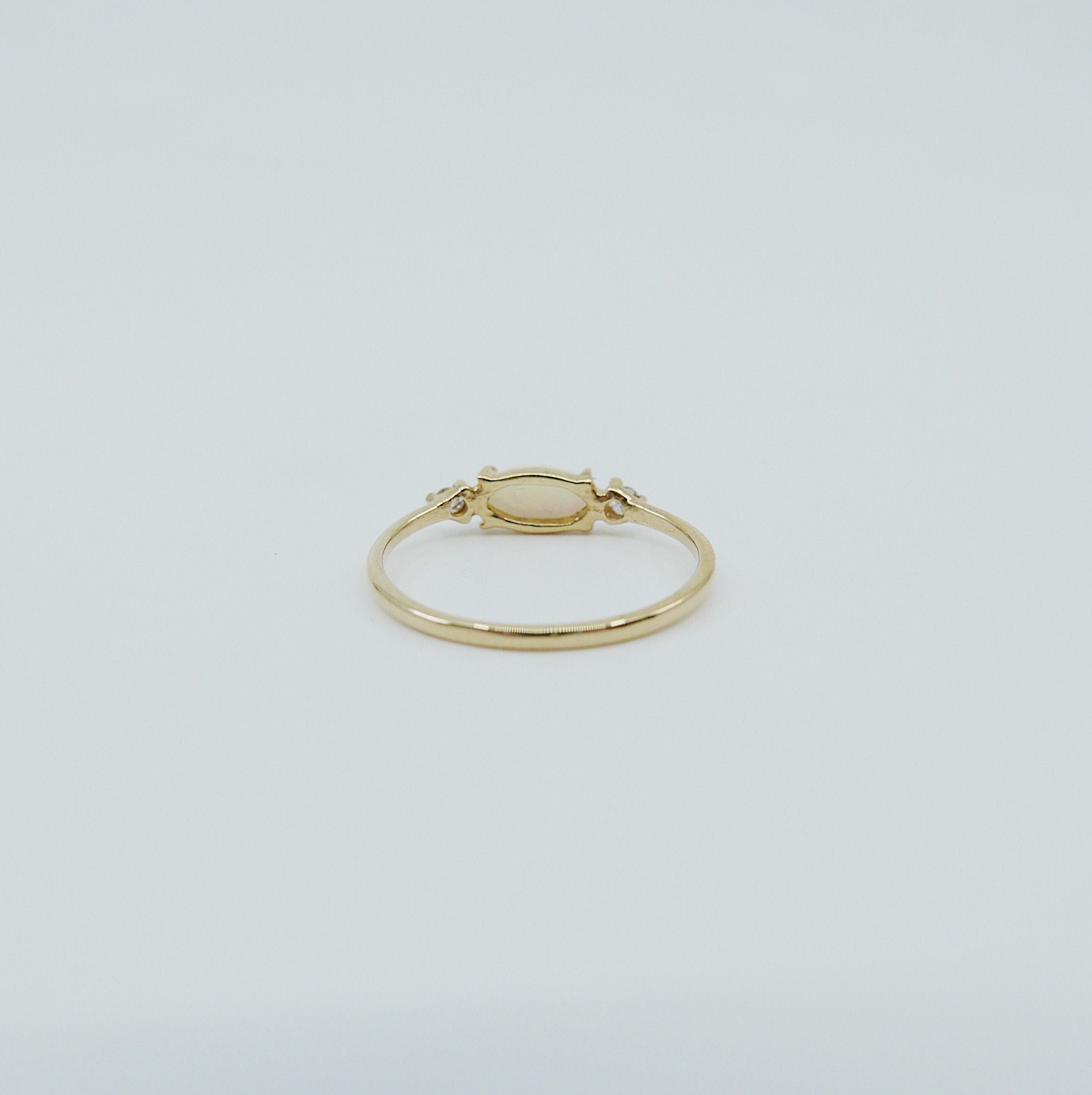 Twiggy ring, Sleek marquis opal ring, three stone ring, marquise opal and diamond ring, 14k gold opal ring