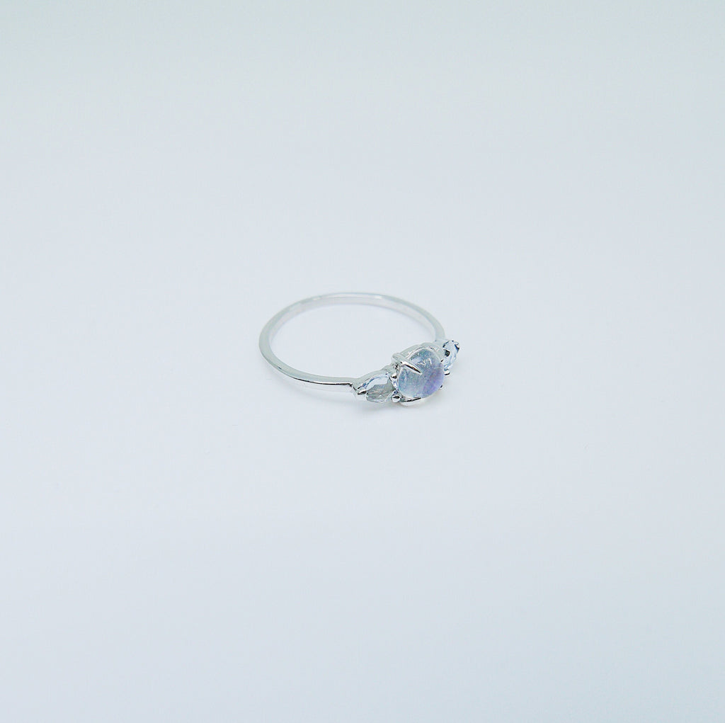 Penelope Moonstone ring, Moonstone and  rosecut sapphire ring, 3 stone ring, 14k gold rainbow moonstone ring