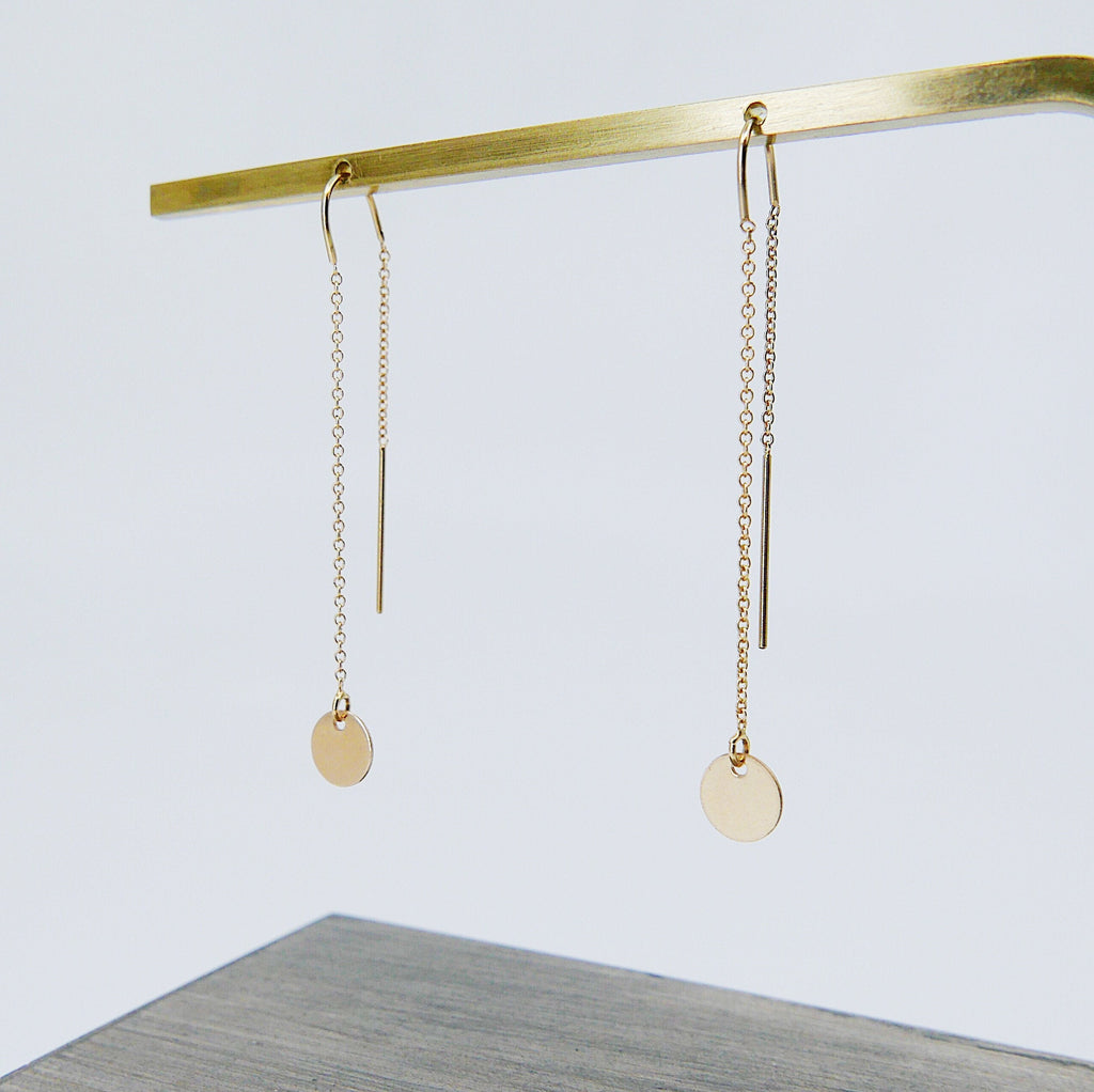 14k Solstice earrings, disc ear thread, 14k Gold disc earring, Circle ear thread, circle earring