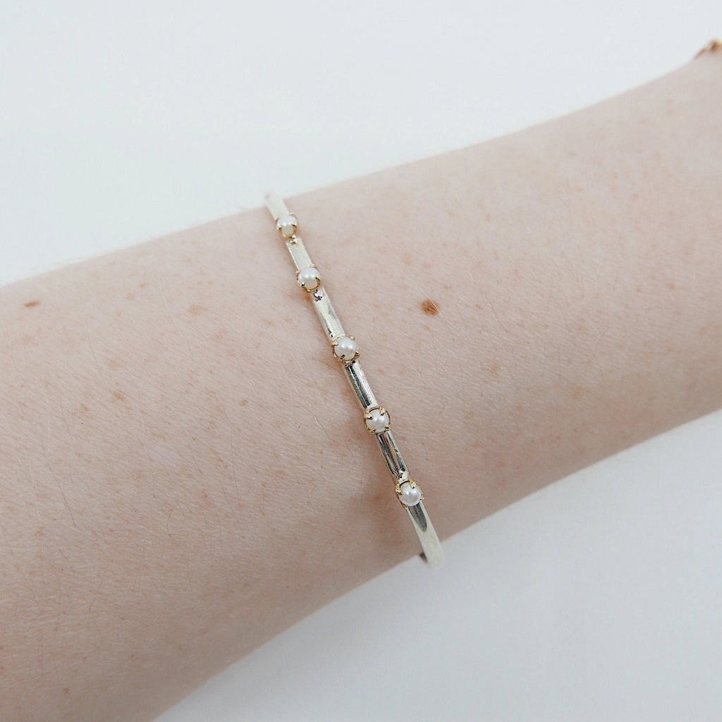 Studded Pearl Cuff Bracelet, Sterling Silver Studded Bracelet, Pearl Studded Bracelet, Two Tone Bracelet, Mixed Metals Bracelet