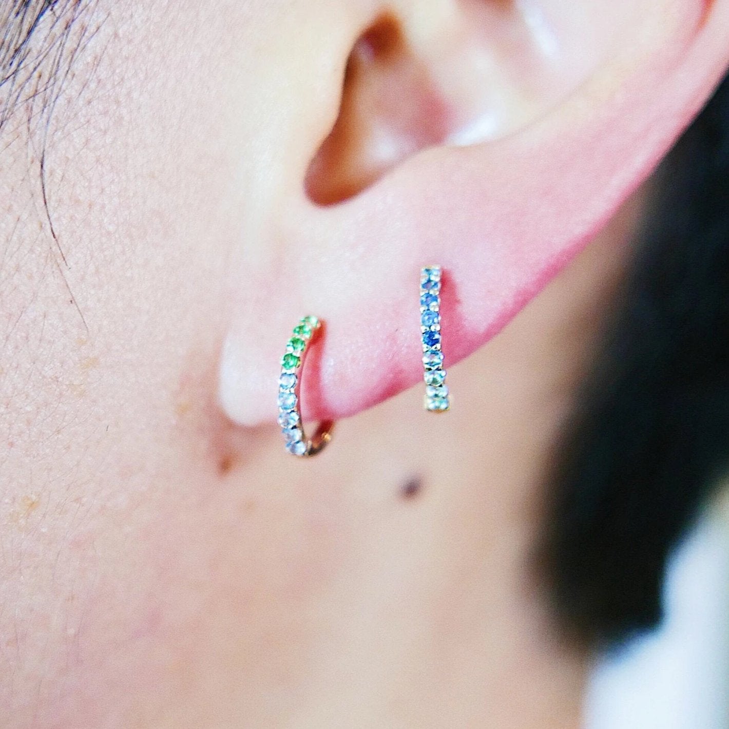 Mini Bi-Color Hoop Earring, Blue Sapphire and Aquamarine Hoop Earring, Blue Hoop Earring, Bi-Color Hoop Earring