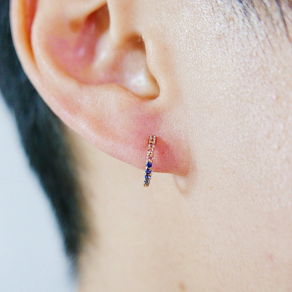 Mini Bi-Color Hoop Earring, Orange Sapphire and Blue Sapphire Hoop Earring, Orange and Blue Earring, Bi-Color Hoop Earring, Sapphire Hoop